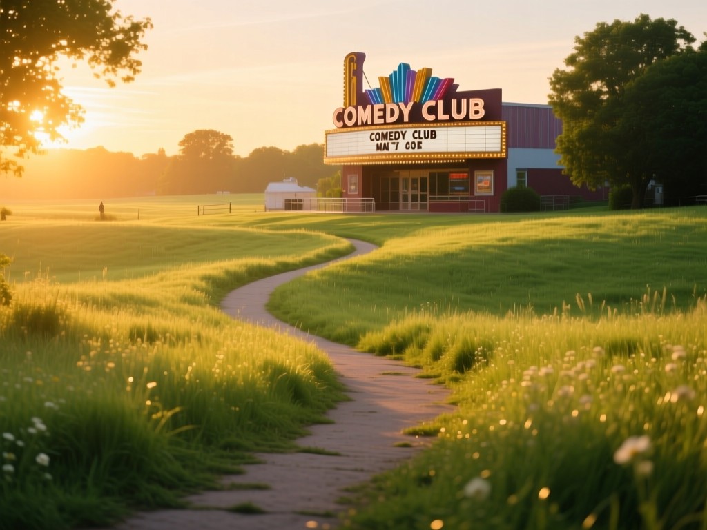 A winding path through a sunlit meadow at golden hour leading to a distant comedy club marquee, soft warm lighting, vibrant greens, symbolic of discovery, no people.