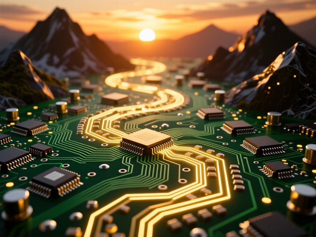 A winding circuit board path glowing gold under sunset light, components resembling mountains, warm tones against dark green PCB background, no text.