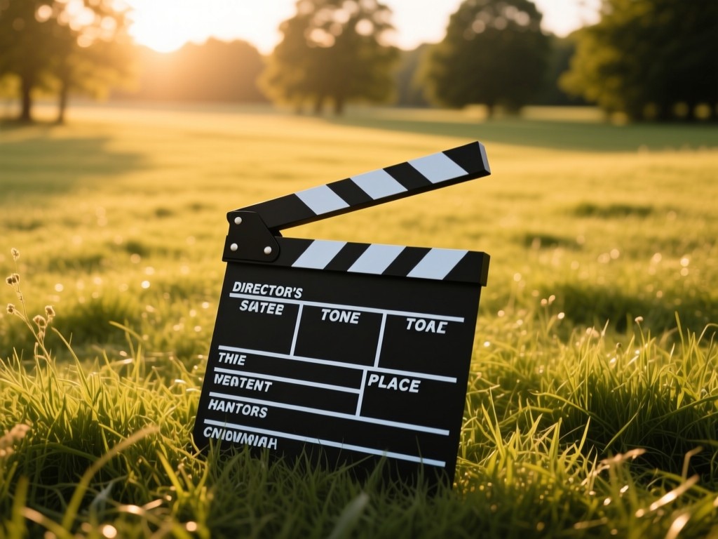 Aerial view of a director's clapperboard on grass in golden hour. Symbolizes content creation and having all tools in one place. Soft focus on distant trees. Warm, focused, and professional. No people.