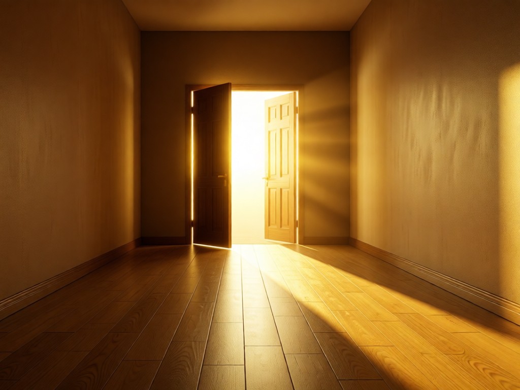 An open door illuminated by golden sunlight in an empty hallway. The floor shows clean lines leading to the doorway. The scene symbolizes access and opportunity without barriers. No people.