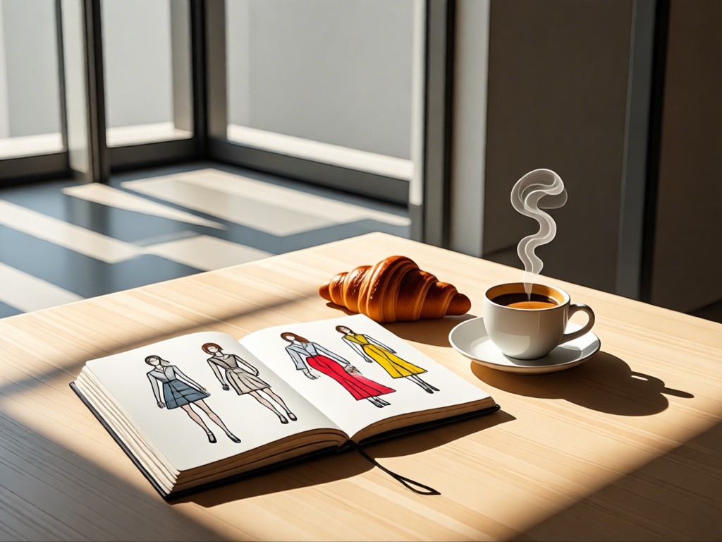 A minimalist desk with a sketchbook open to fashion illustrations. A croissant beside a steaming espresso cup. Sunlight through tall windows casting geometric shadows. No people.