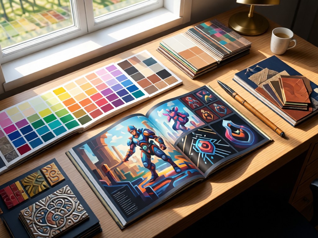 Top-down view of a designer's workspace with color swatches, texture samples, and a game art book open to a stylized spread. Natural light from a nearby window highlights materials. No people.