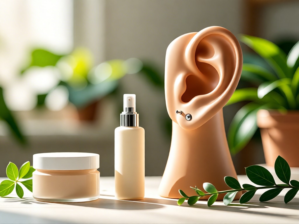 Neatly arranged aftercare products beside a pierced ear mannequin. Soft focus background with botanical elements. Natural morning light. No people.