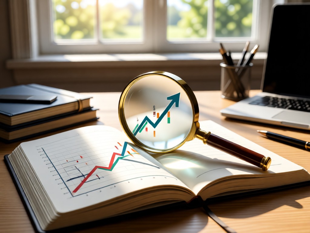 A magnifying glass resting on an open notebook showing rising trend arrows. Natural light from a window illuminates the desk setup. No people.