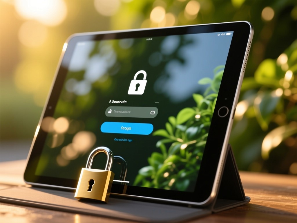 A locked digital tablet displaying a secure login screen. Reflective surface shows blurred greenery. Golden hour lighting. No people.