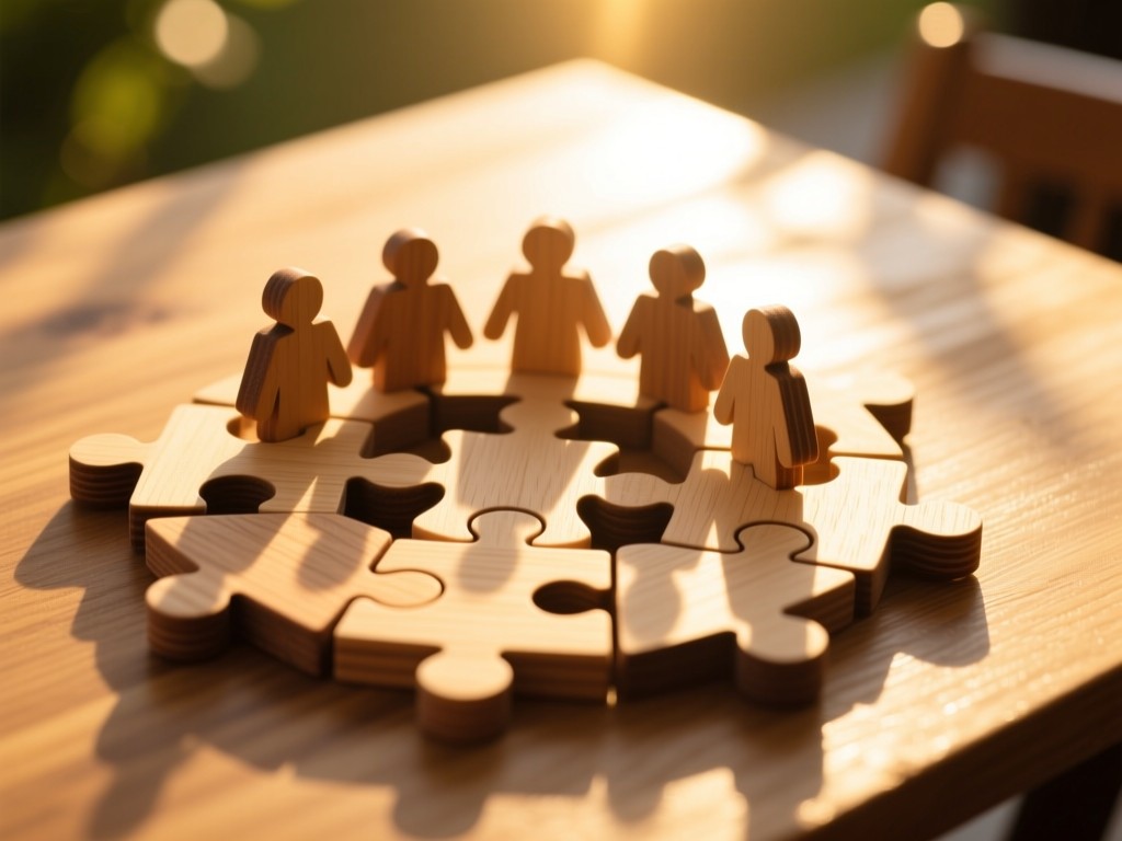Interlocking wooden puzzle pieces forming community symbol on sunlit table, golden hour warmth, shallow depth of field, representing unity and organization.