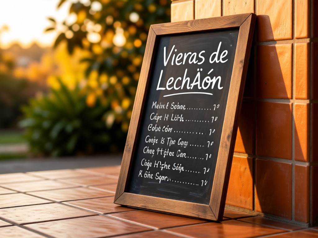A rustic wooden chalkboard menu leaning against terracotta tiles. Features handwritten text for 'Viernes de Lechón' with blurred foliage in golden hour background. No people.