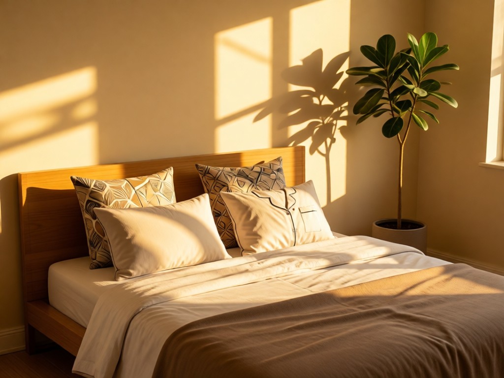 A neatly made bed with decorative pillows wearing designer pajama tops. Soft golden hour light creates inviting shadows. Minimalist bedroom setting with a single houseplant. Warm, restful atmosphere. No people.