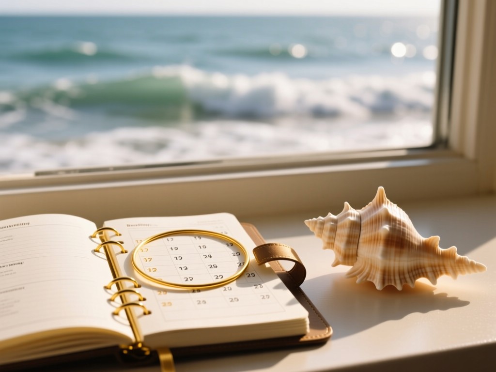 An open planner with booking dates circled in gold, beside a seashell. Soft focus on ocean waves through a window. Warm, organized aesthetic. No people.