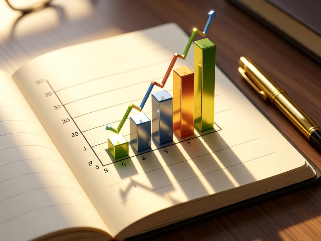 A 3D bar chart rising from an open notebook beside a gold pen. Sunlight highlights data points on cream-colored paper. Professional and analytical mood.