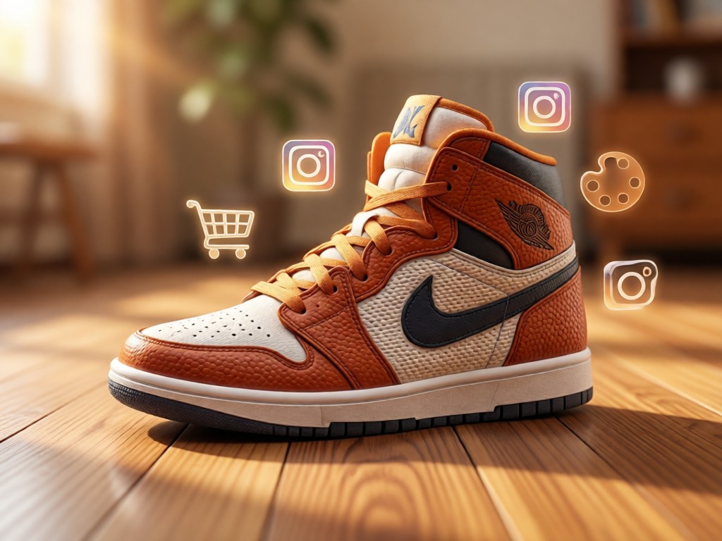 Basketball shoe surrounded by subtle icons: shopping cart, Instagram logo, palette. Soft focus background with hardwood texture. Warm natural lighting. No people.