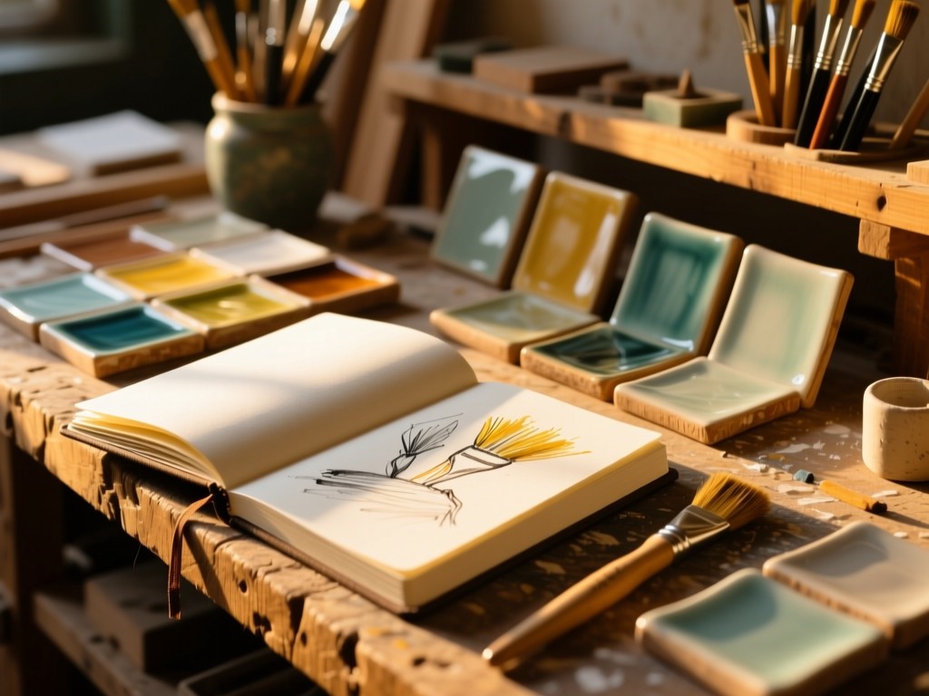 An open sketchbook beside glaze test tiles on a rustic workbench, golden hour light illuminating brush strokes, shallow focus, warm wood tones, creative workspace, no people.