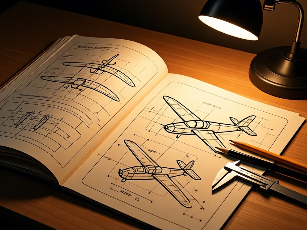 An open engineering notebook beside RC plane schematics. Pencil and calipers on aged paper. Warm desk lamp illumination. Technical yet inviting. No people.