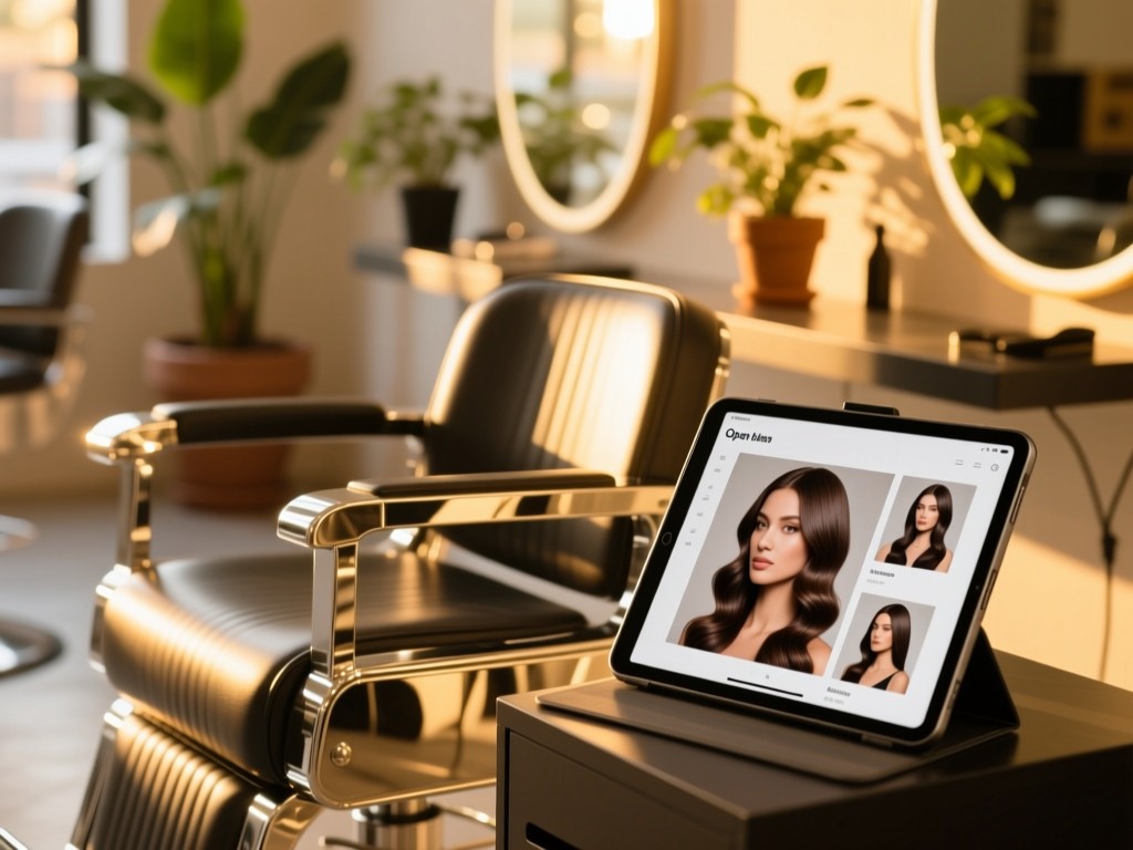 Open salon styling chair during golden hour, sunlight reflecting off chrome accents, a digital tablet propped nearby showing a sleek hair portfolio gallery, soft focus background with potted plants, warm natural lighting, no people.