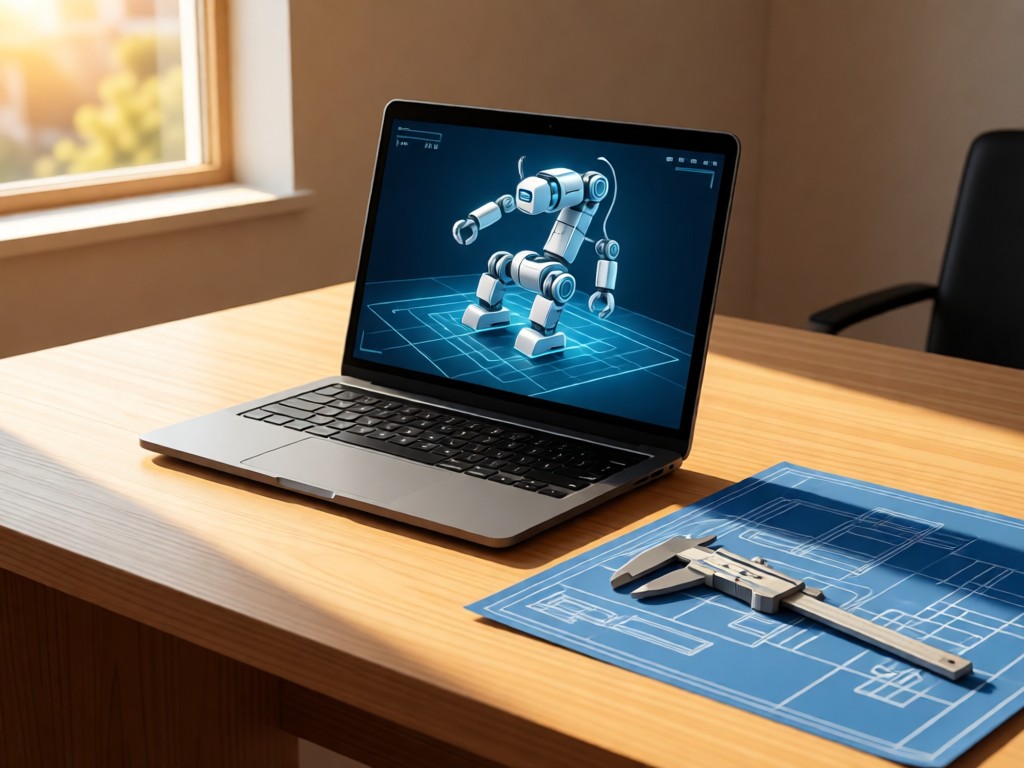 A minimalist desk with an open laptop displaying a 3D robotic assembly. Beside it, precision calipers rest on technical blueprints in warm afternoon light. Focus on clean tech presentation.