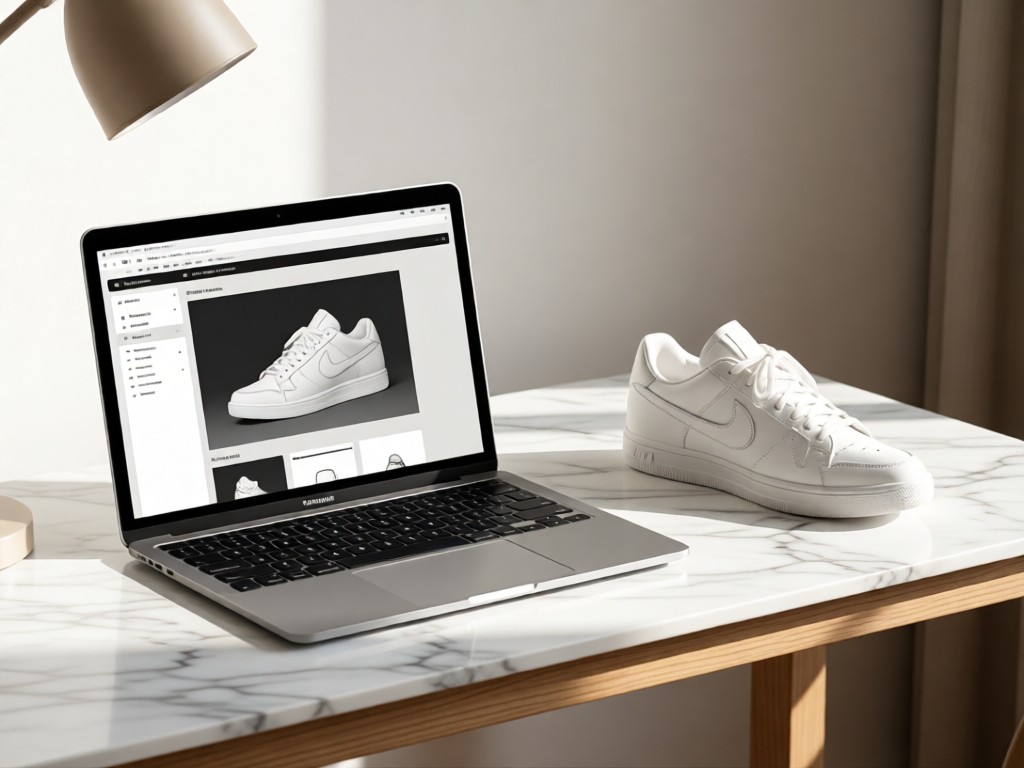 Minimalist desk with a laptop displaying a sneaker design portfolio. Beside it, a single white sneaker sits on a marble surface. Soft natural light highlights textures. No people.