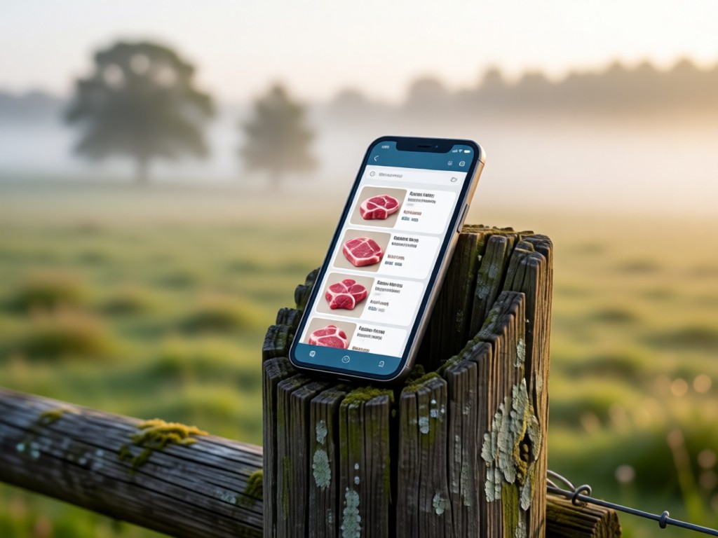 Smartphone resting on weathered fence post showing meat inventory screen. Pasture landscape in background with soft bokeh effect. Morning mist atmosphere. No people.