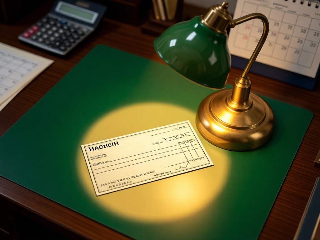 Aerial view of vintage banker's lamp illuminating blank check on green desk pad. Golden light creates cozy pool of focus. Out-of-focus calculator and calendar in background. Symbolizes precision in financial operations.