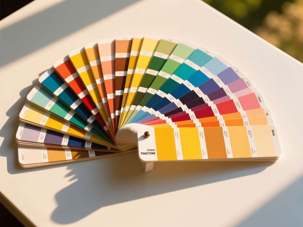 Aerial view of colorful Pantone swatches fanned out on a white surface. Golden hour light creates vibrant shadows and highlights color saturation. No people.