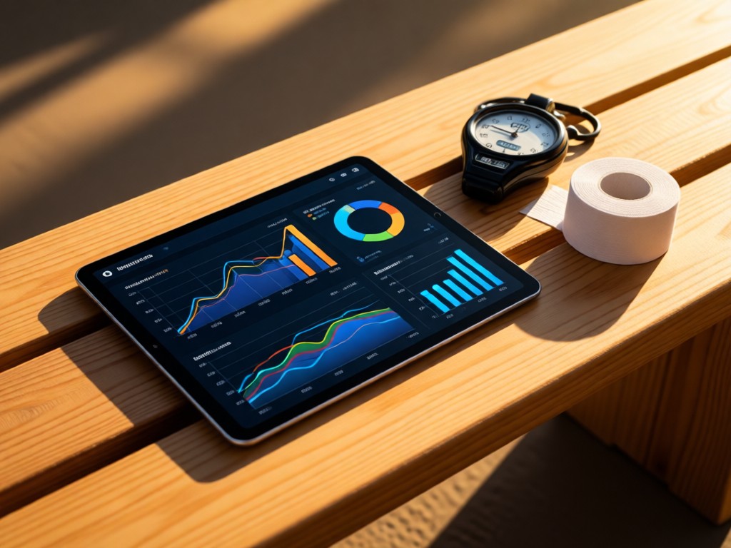 A minimalist dashboard on a tablet showing sports analytics charts. Beside it, a stopwatch and rolled-up athletic tape on a wooden bench. Golden hour lighting creates clean shadows. No people.