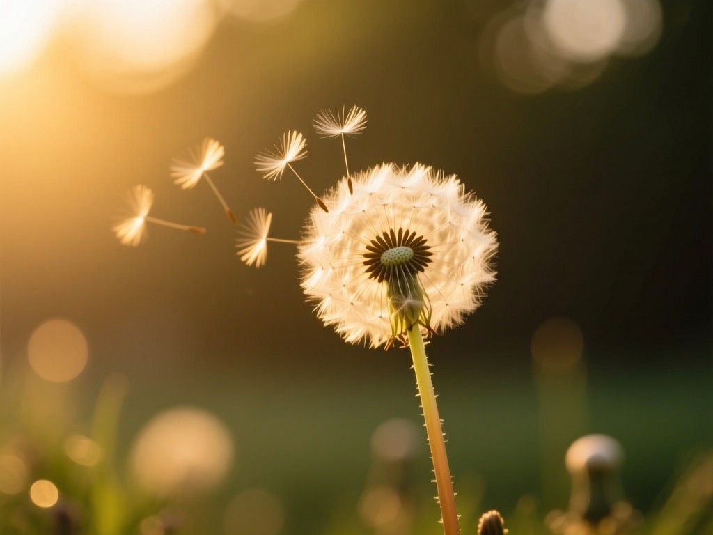A single dandelion releasing seeds into golden hour sunlight, soft bokeh background, symbolic of spreading impact, warm tones, natural setting, no text.