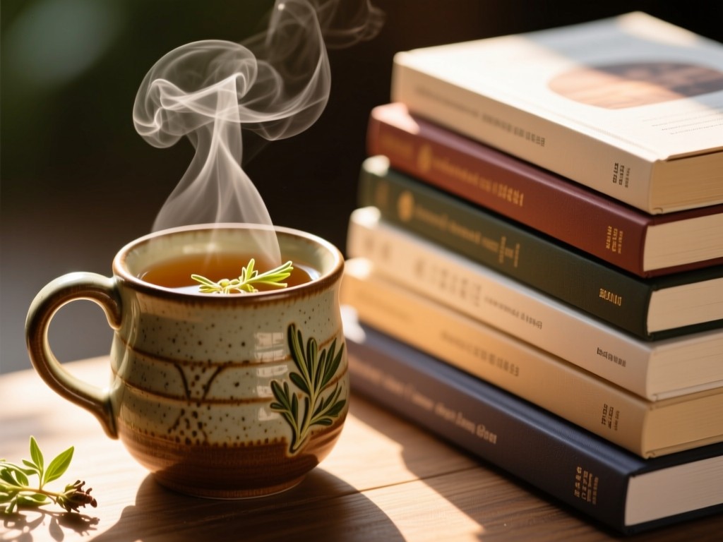 A close-up of a handcrafted ceramic mug holding herbal tea beside a neatly stacked pile of yoga books. Warm sunlight highlights the steam rising. Earthy tones dominate. No people.