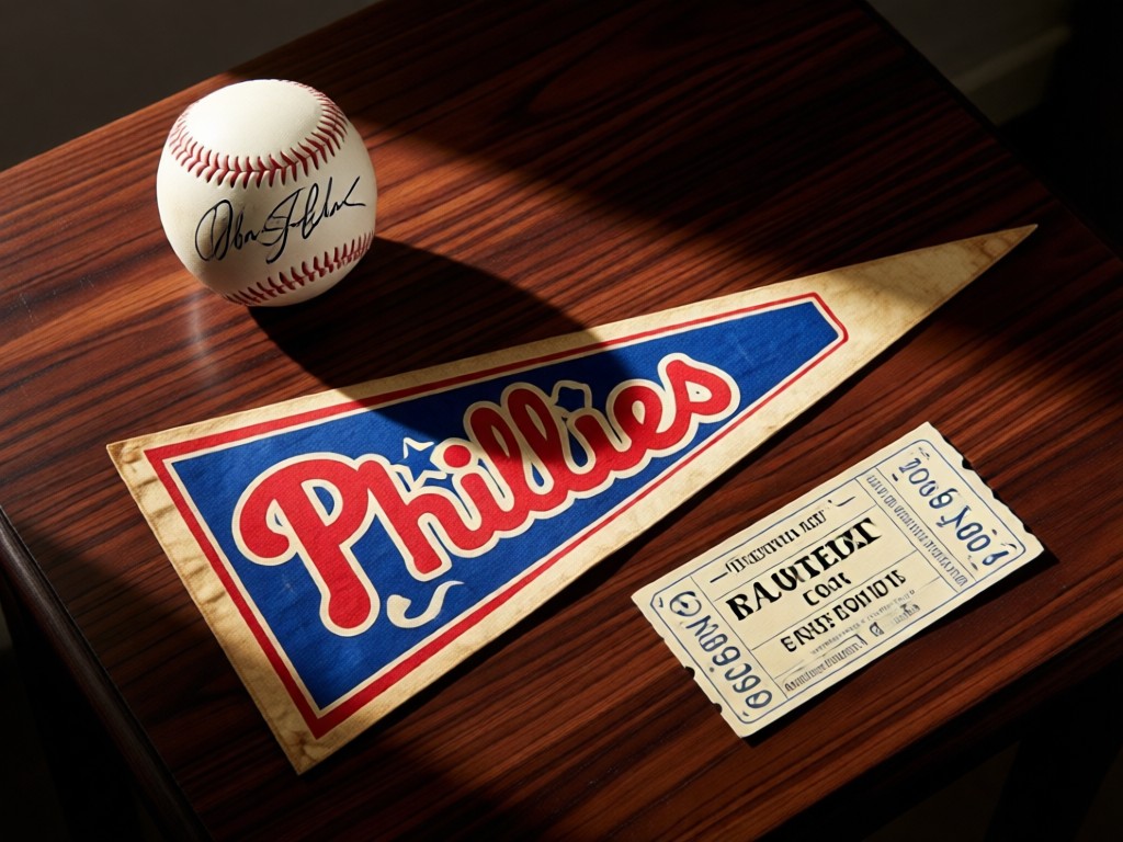 Curated arrangement of Phillies memorabilia: signed baseball, vintage pennant, and ticket stubs on dark walnut table. Soft directional light creates dramatic shadows. No people.