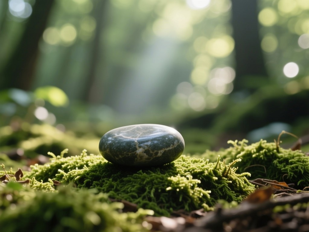 A single perfectly placed massage stone on mossy ground in dappled forest light. Symbolizes focus and natural healing energy. Soft bokeh background. No people.