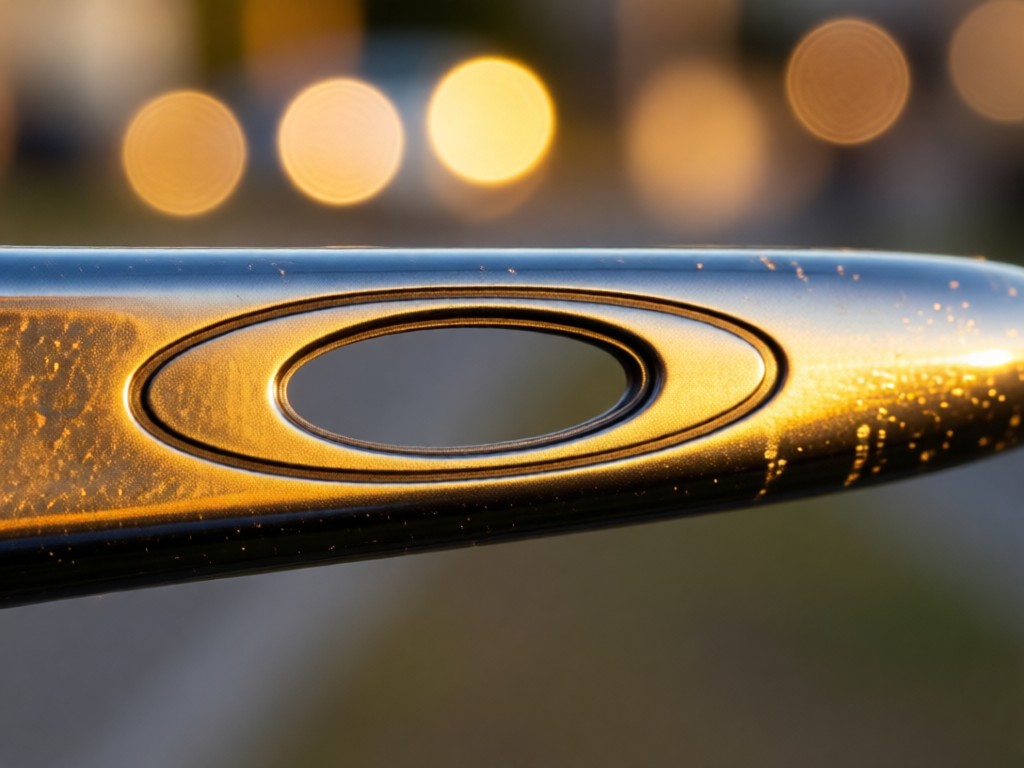 A macro shot of Oakley's O-icon engraving on a temple tip. Shallow depth of field. Golden sunlight emphasizes metal texture. Blurred background shows soft bokeh lights. No people.