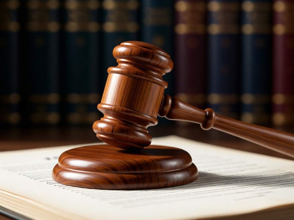 Close-up of a polished wooden gavel resting on legal documents. Soft side lighting creates depth. Minimalist composition with blurred law books in background. No people.