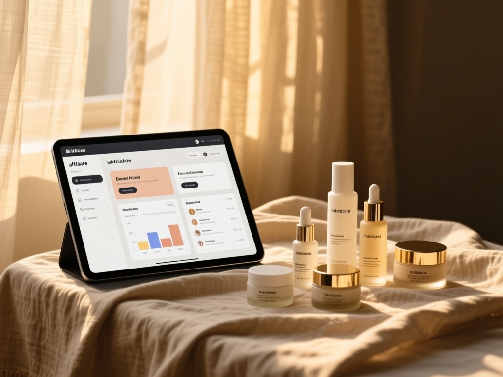 A sleek tablet displaying a skincare affiliate dashboard beside a curated product lineup on a linen cloth, golden hour glow through sheer curtains, soft shadows, muted color palette.