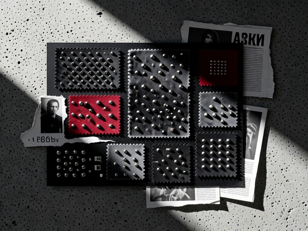 A punk mood board with fabric swatches, studs, and torn magazine clippings on a concrete background. Directional light creates dramatic shadows. No people.