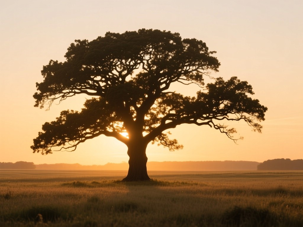 Single strong oak tree in open field at sunset, branches reaching wide to symbolize growth and expansion, warm golden hour glow, soft shadows, natural color palette, minimalist composition, no people.