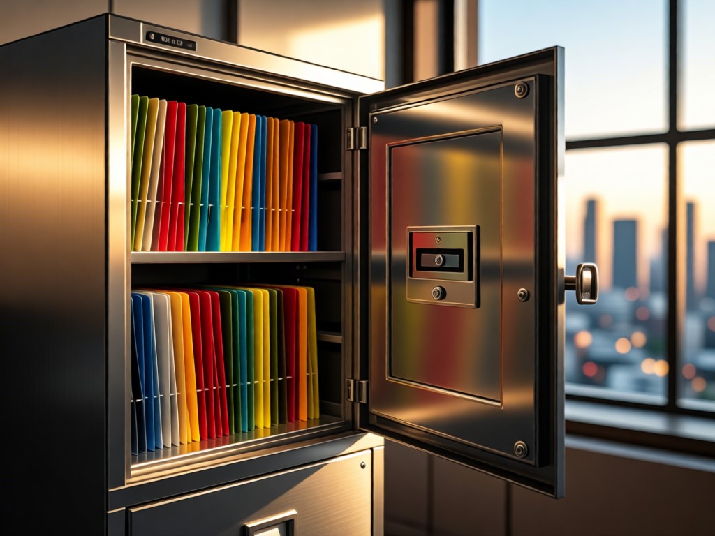 A locked steel document cabinet half-open in warm light. Inside, color-coded folders stand neatly organized. Out-of-focus cityscape visible through window. Represents security and accessibility. No people.