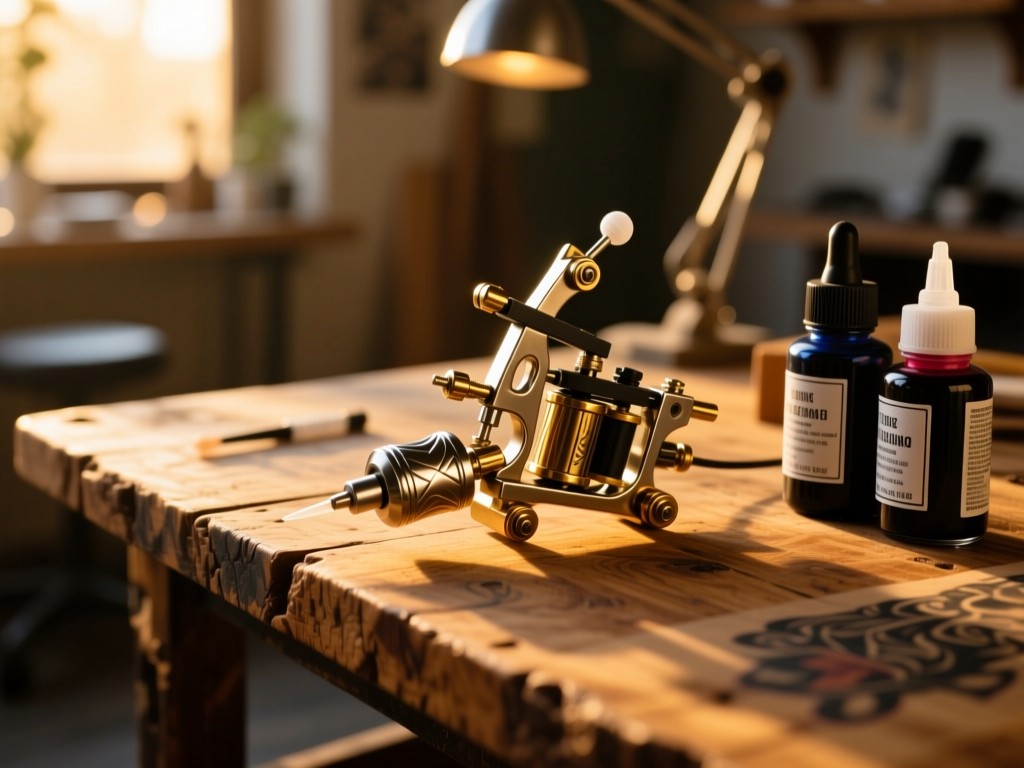 A tattoo machine and ink bottles on a rustic studio table during golden hour, soft sunlight highlighting metallic details, shallow depth of field, warm wood tones, no people visible.