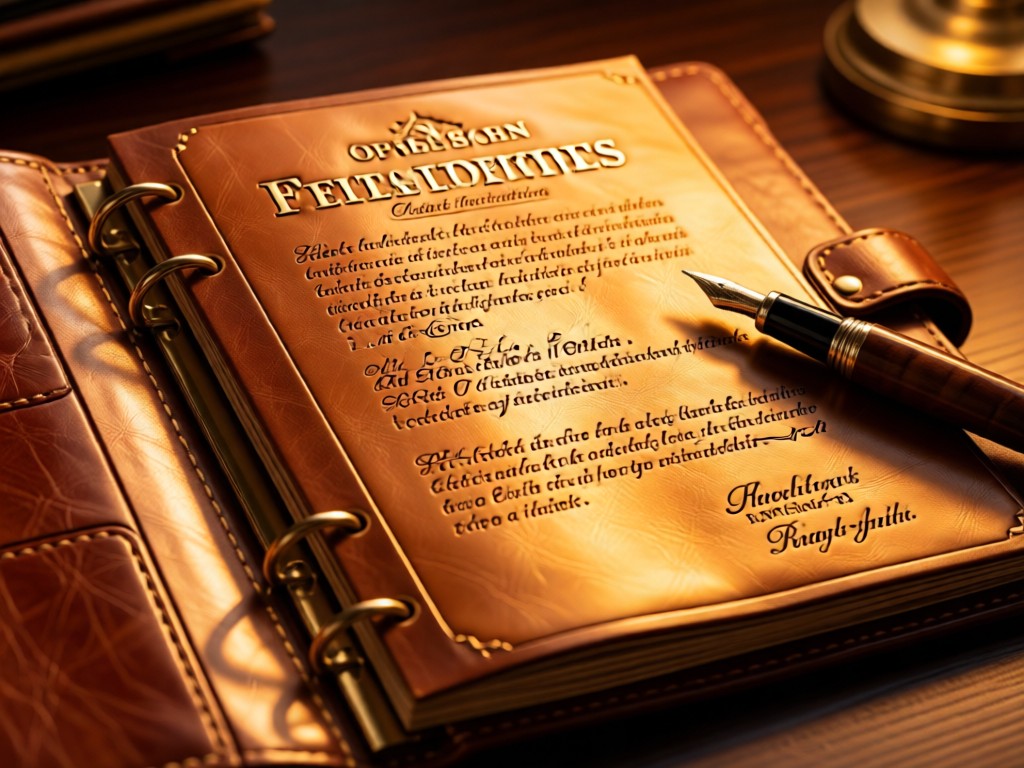 Open leather binder with embossed client testimonials. Golden hour light catches metallic lettering. Fountain pen resting nearby. Warm and trustworthy aesthetic. No people.