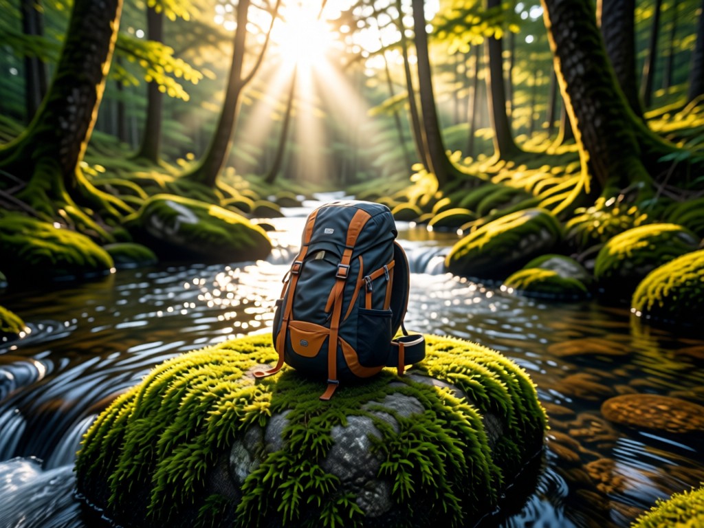 Aerial view of a backpack resting on mossy rock by mountain stream. Symbolizes preparedness and essential gear consolidation. Morning light filters through trees. No people.