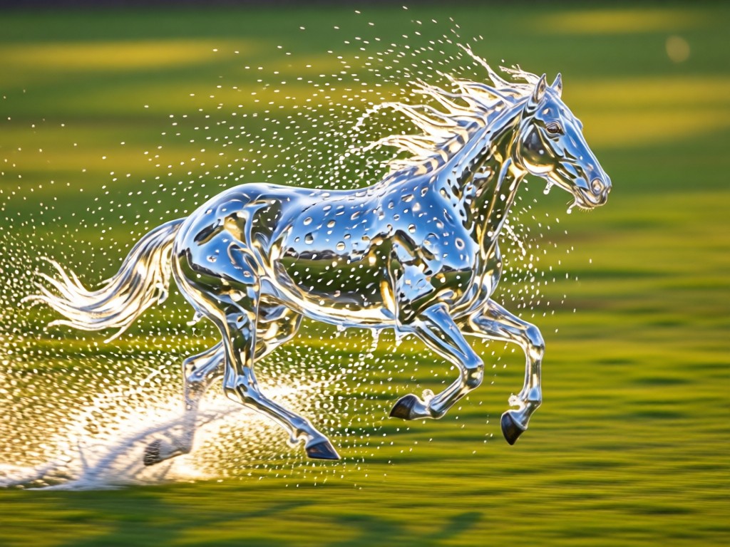 A slow-motion splash frozen mid-air from a polo pony's gallop. Sunlight catches water droplets against blurred green turf. No people.