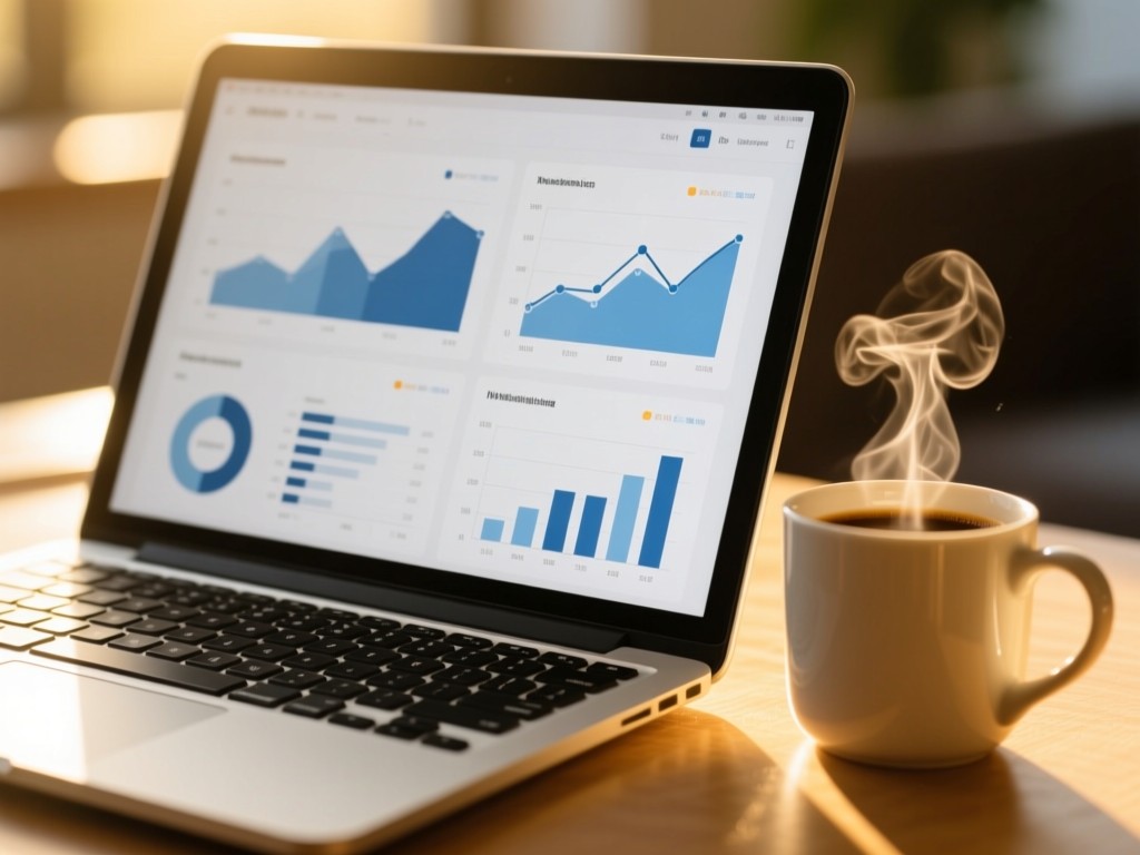 A close-up of a modern laptop displaying clean analytics charts. Sunlight highlights the screen beside a steaming coffee mug. Warm golden tones. No people.