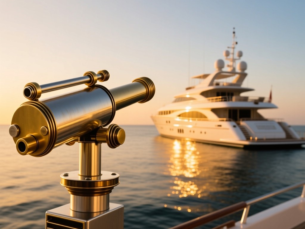 A vintage brass telescope focused on a distant luxury yacht in golden hour light, ocean horizon backdrop, warm reflections on water, symbolizing targeted discovery, soft gradient sky.