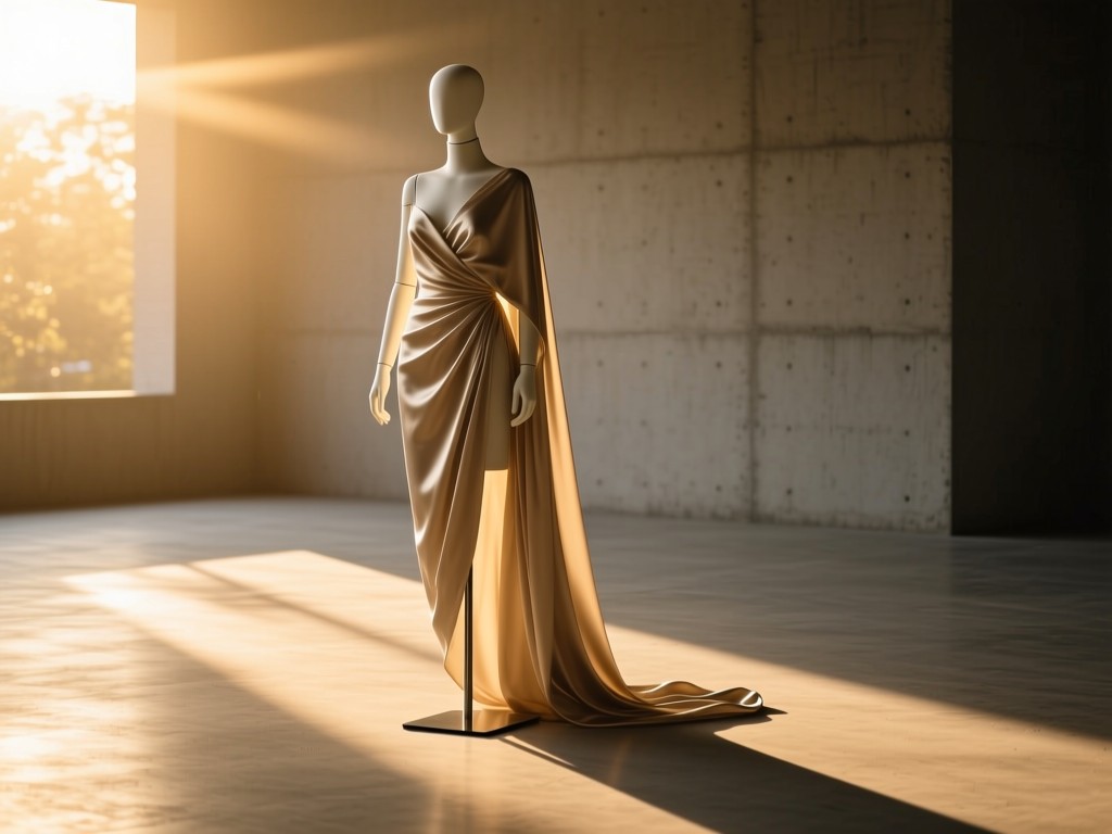 A single elegant mannequin draped in luxurious fabric, standing in a sunbeam during golden hour, soft shadows stretching across polished concrete, minimalist composition symbolizing professional presentation.