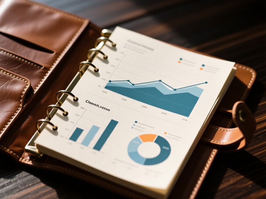 Close-up of an open leather portfolio displaying infographic charts and metrics. Natural light highlights the paper texture against a dark wood background. No people.