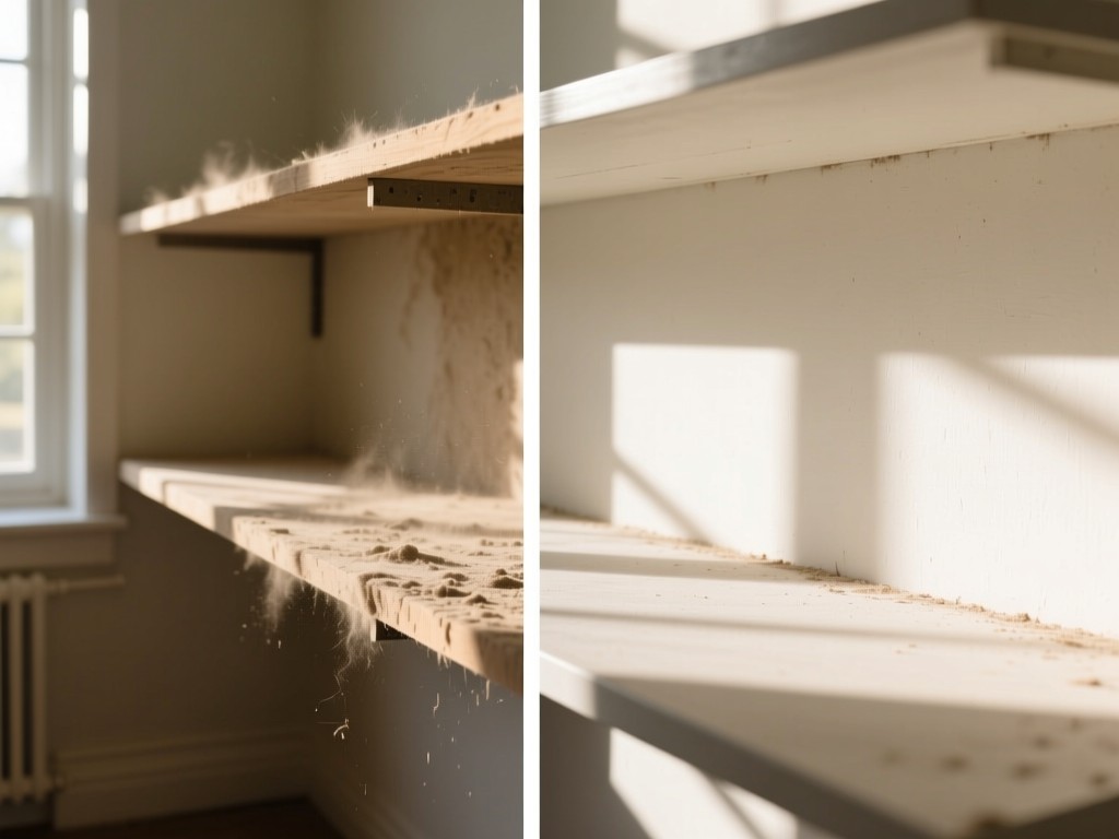 A split-frame photo showing a dusty shelf transforming into a spotless surface. Natural light emphasizes texture differences. Background features a sunlit room with clean lines. No people.