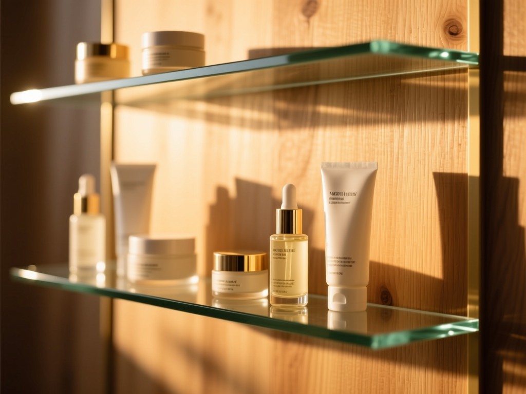 A minimalist glass shelf holding curated skin care products during golden hour, soft sunlight highlighting textures, shallow depth of field, warm tones, natural wood background, no people.