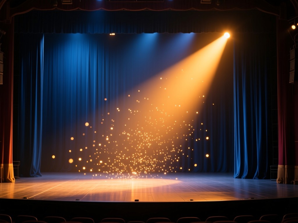 A spotlight shining on an empty stage during golden hour, digital particles floating in the beam, warm amber lighting against deep blue curtains, theatrical atmosphere, no performers visible.