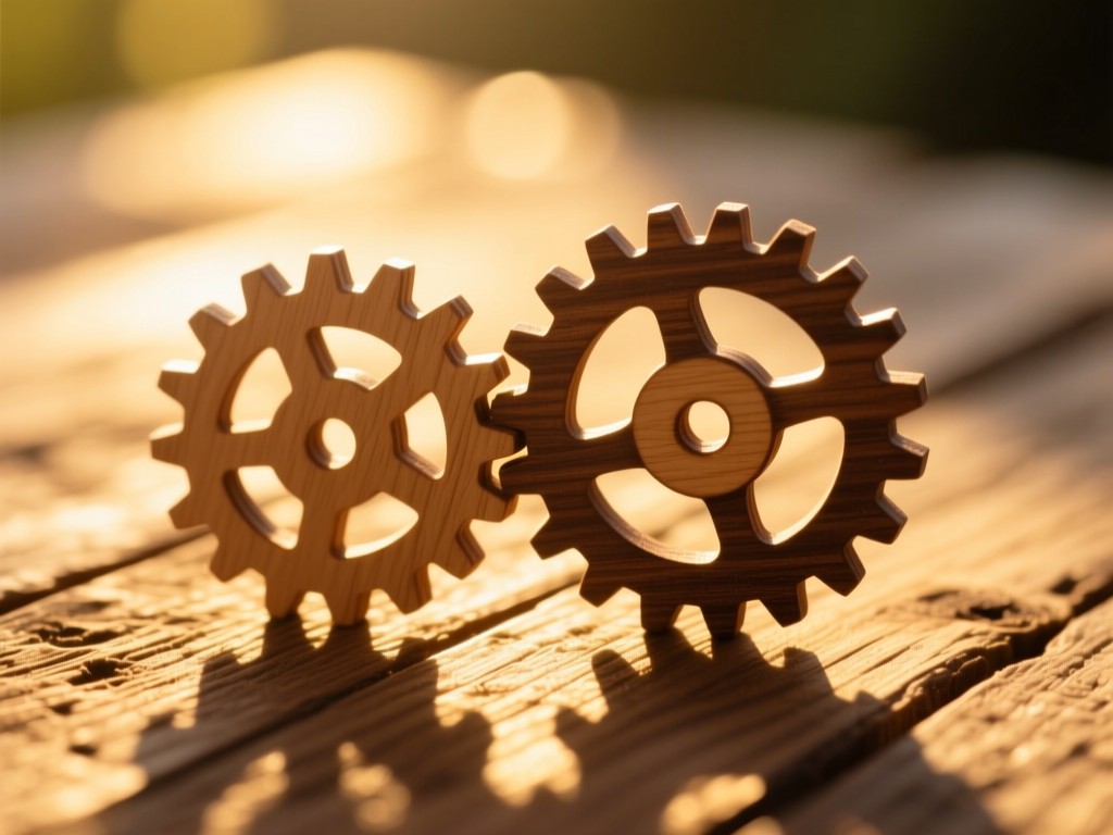 Interlocking wooden gears symbolizing synchronization, golden sunlight highlighting textures on a wooden surface, shallow depth of field, no text.
