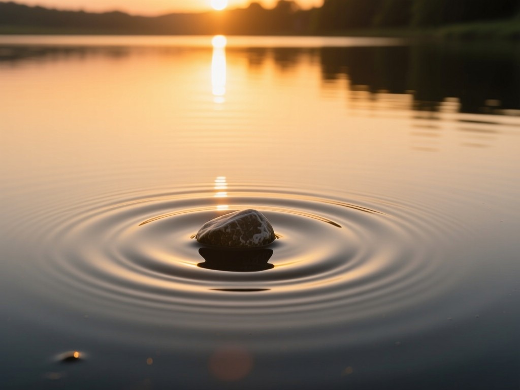 A single stone dropped into a still pond during sunset, concentric ripples expanding under golden light, symbolizing impact amplification, soft water reflections, minimalist composition.