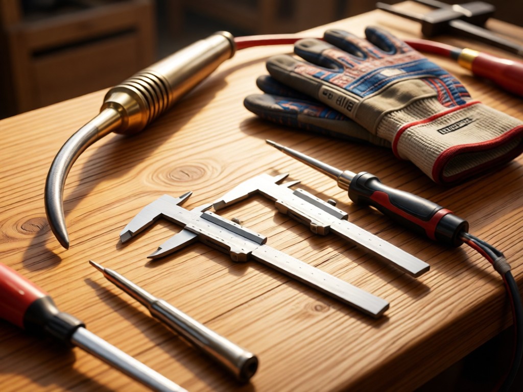 Neatly arranged welding tools on a workbench: torch, gloves, and measuring calipers. Soft morning light highlights metallic textures. Wooden background with subtle grain. No people.