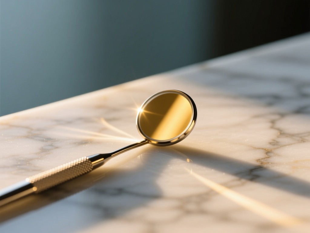 A single dental mirror reflecting golden hour sunlight on a minimalist marble surface, symbolizing clarity and precision, soft shadows, warm highlights against cool background, no people.