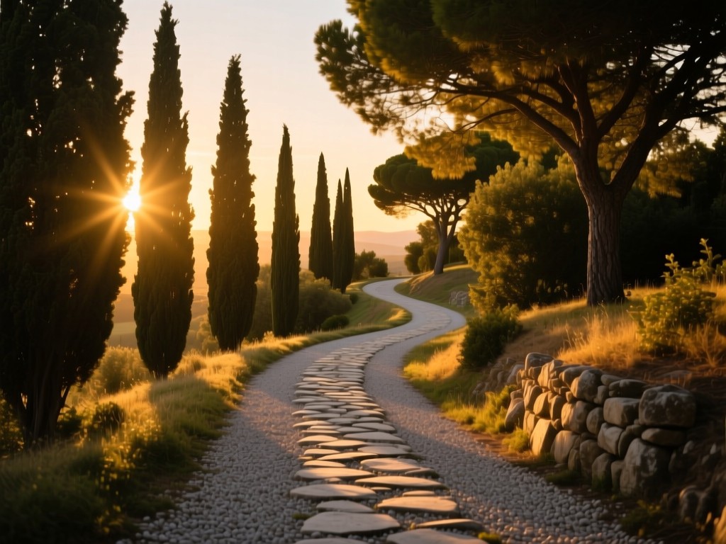 A winding stone path through sunlit cypress trees at dusk, symbolizing professional growth, golden light filtering through foliage, soft shadows on gravel, no human presence.